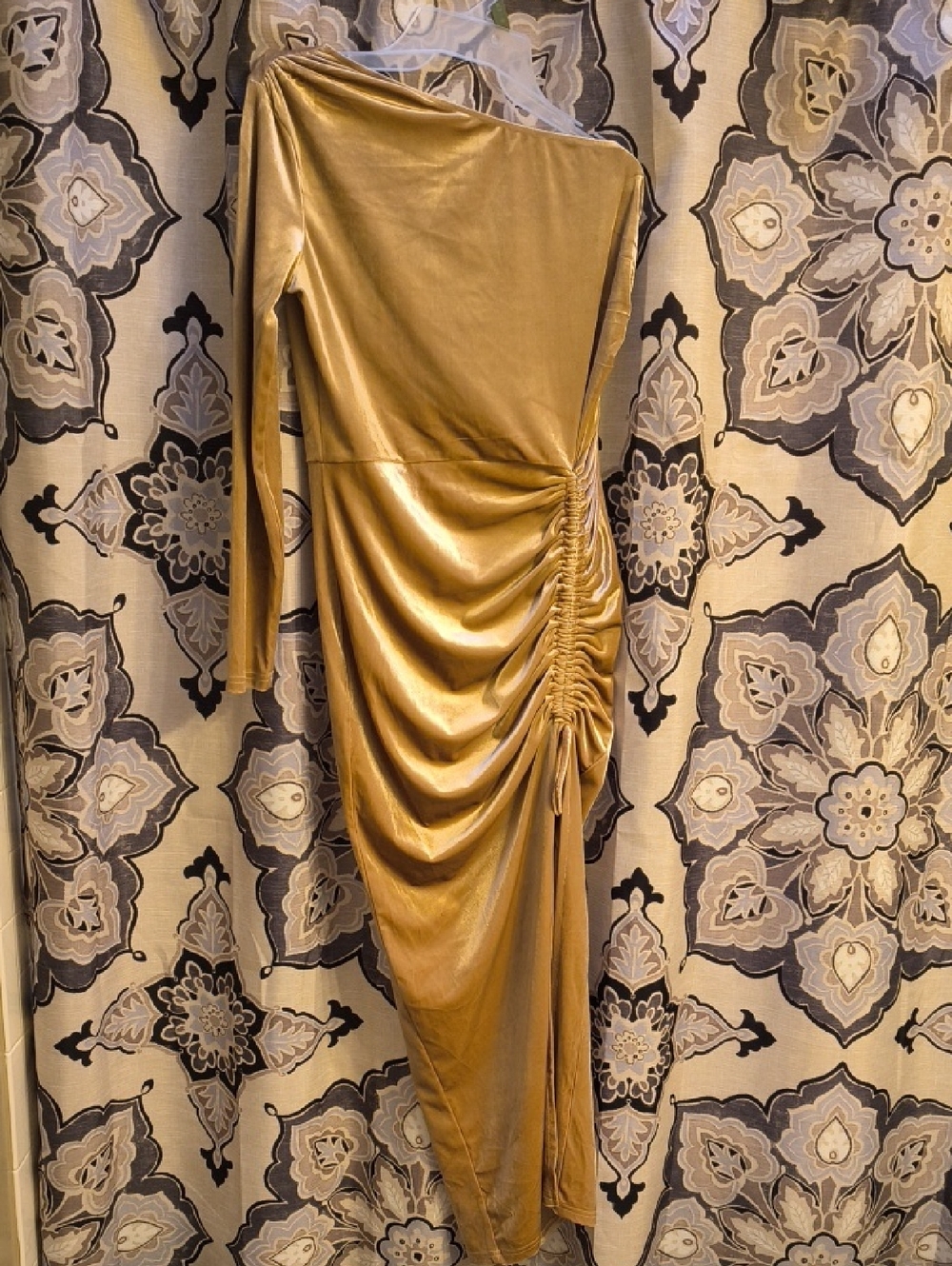 Gold One-Shoulder Ruched Velvet Dress